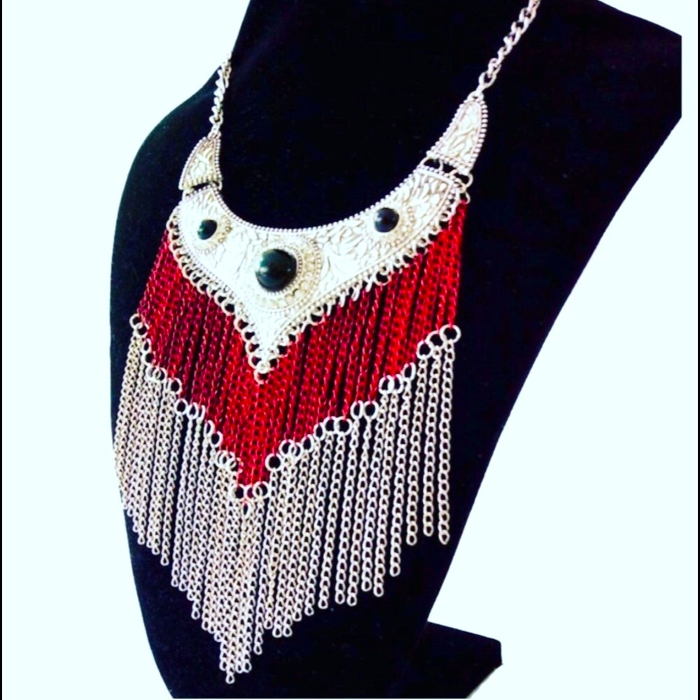 New silver and red statement necklace